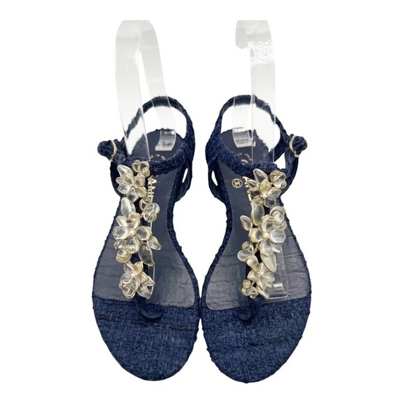 Chanel Sandals Women’s T-Strap Tweed Floral Camellia Navy Size 37 Karl Lagerfeld - Picture 1 of 7